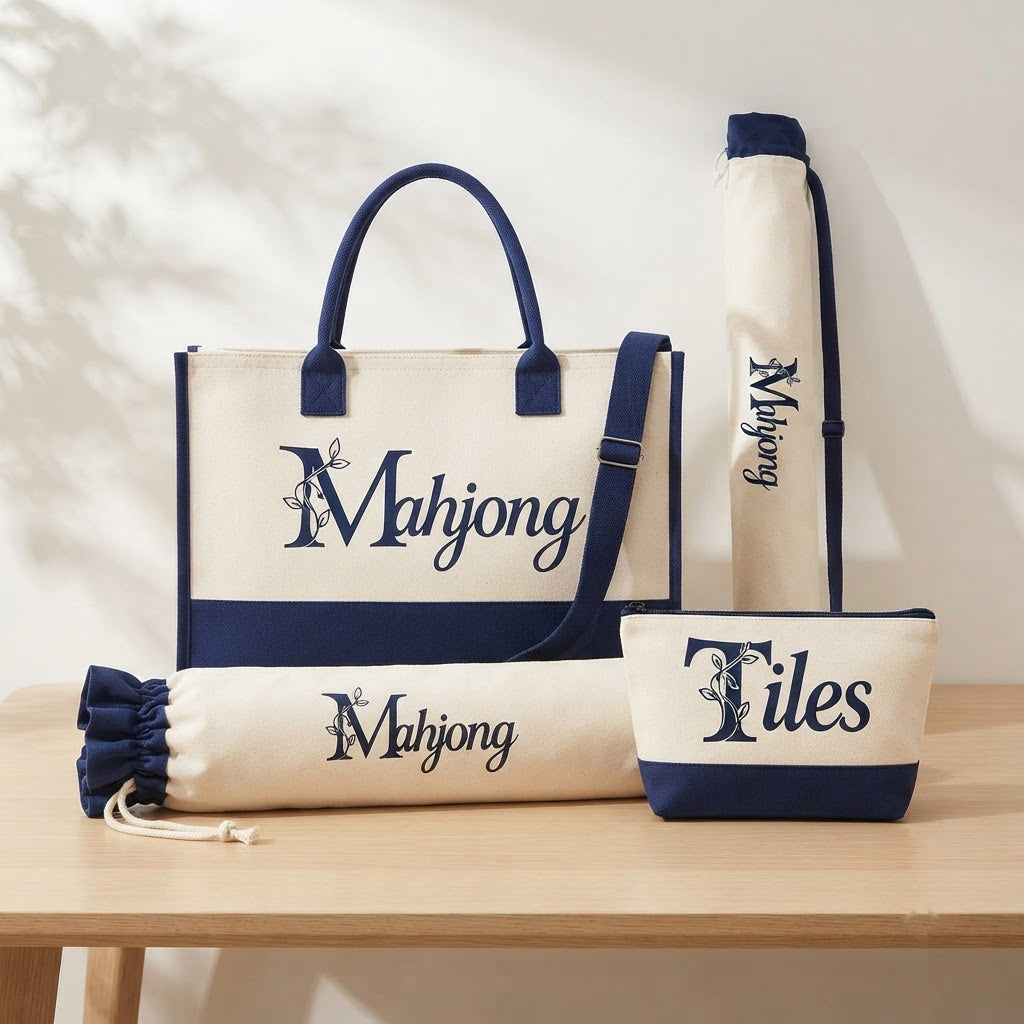 Four-piece crossbody mahjong bag set with navy trim