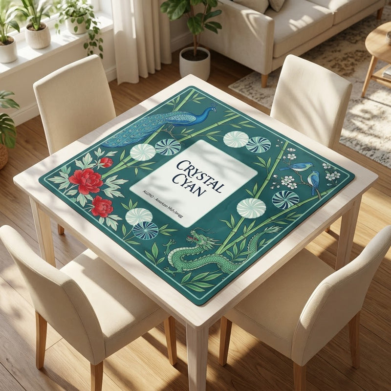 Crystal Cyan Bamboo mahjong mat on a card table with four chairs in a living room