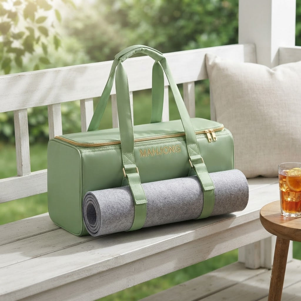 Sage green mahjong duffel on a white porch bench