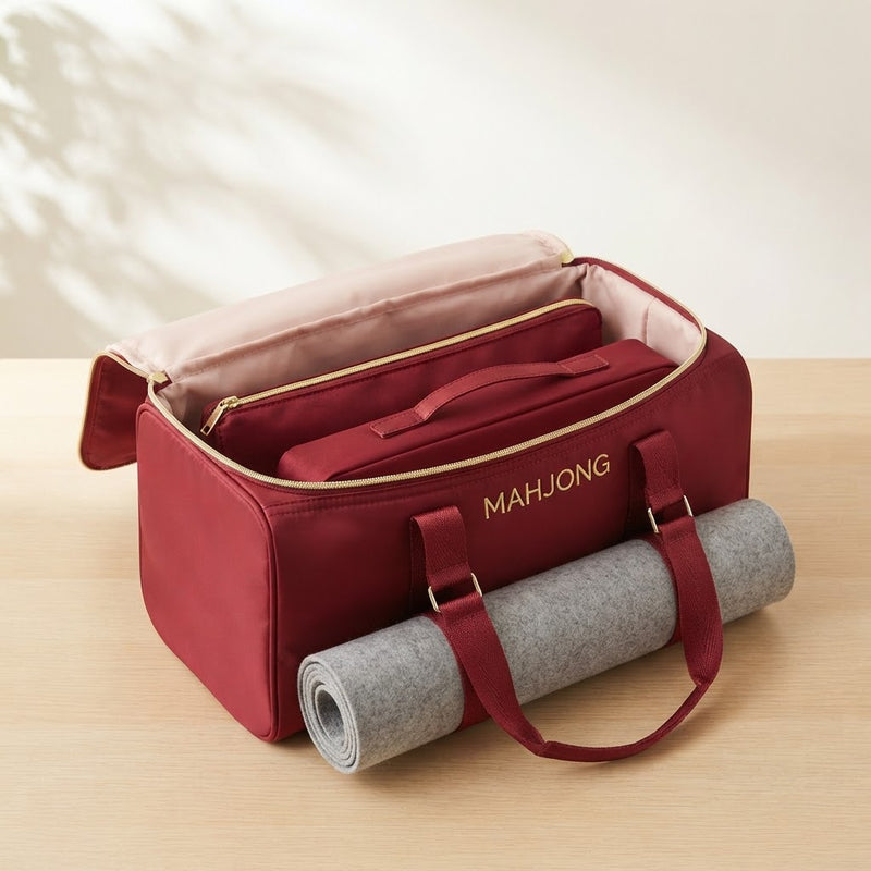 Open red duffel with the tile pouch and rack pouch inside