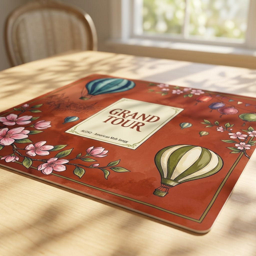 Low-angle view of the Grand Tour Balloon mahjong mat lying flat on a table