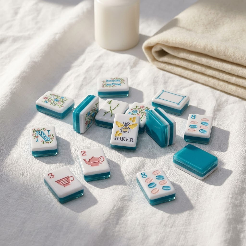 Tiles scattered on white linen