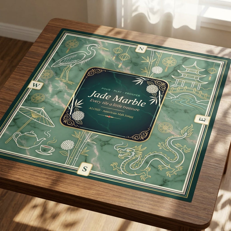 Imperial Jade Marble mahjong mat laid out on a wooden table