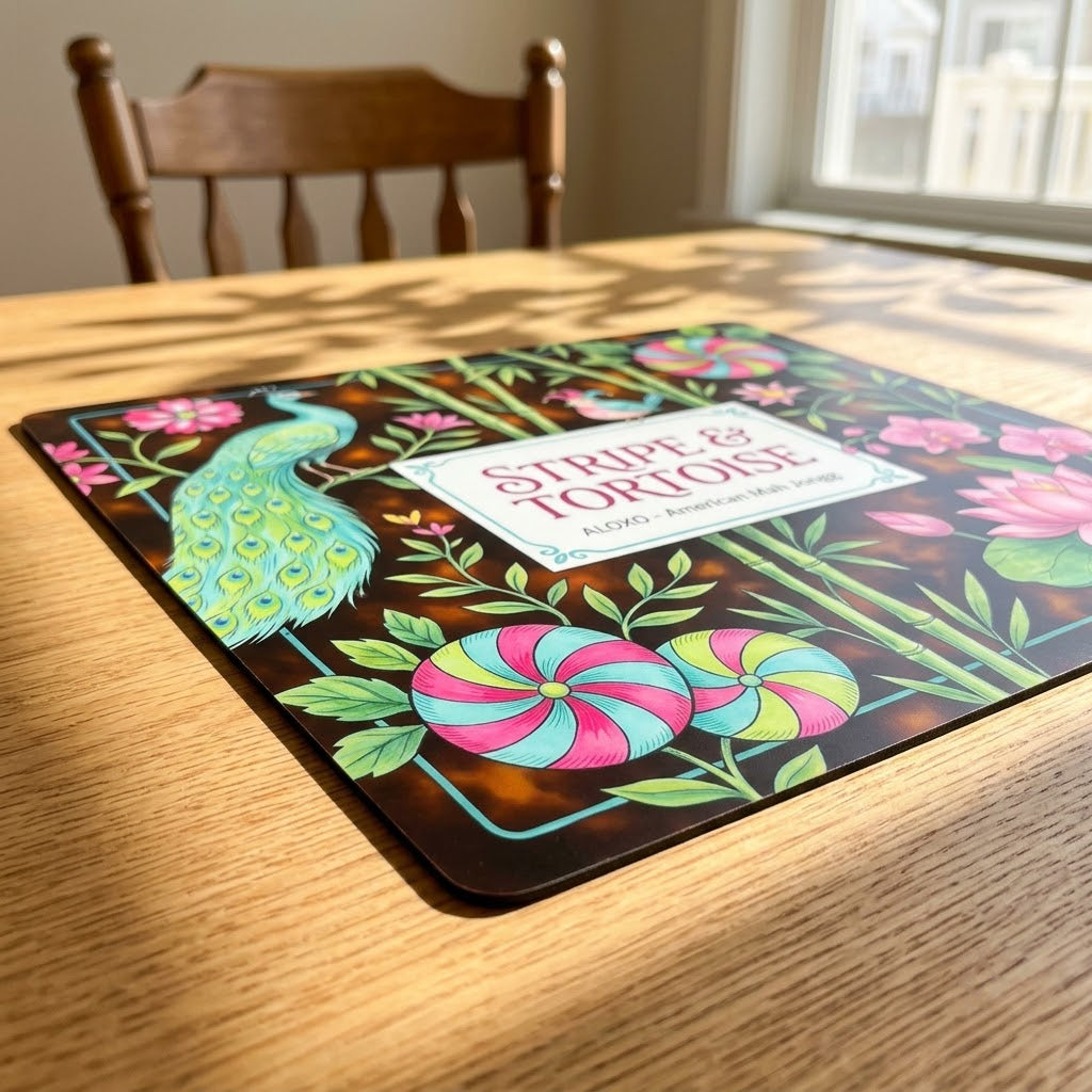 Low-angle view of the Lotus Stripe & Tortoise mahjong mat lying flat on a table