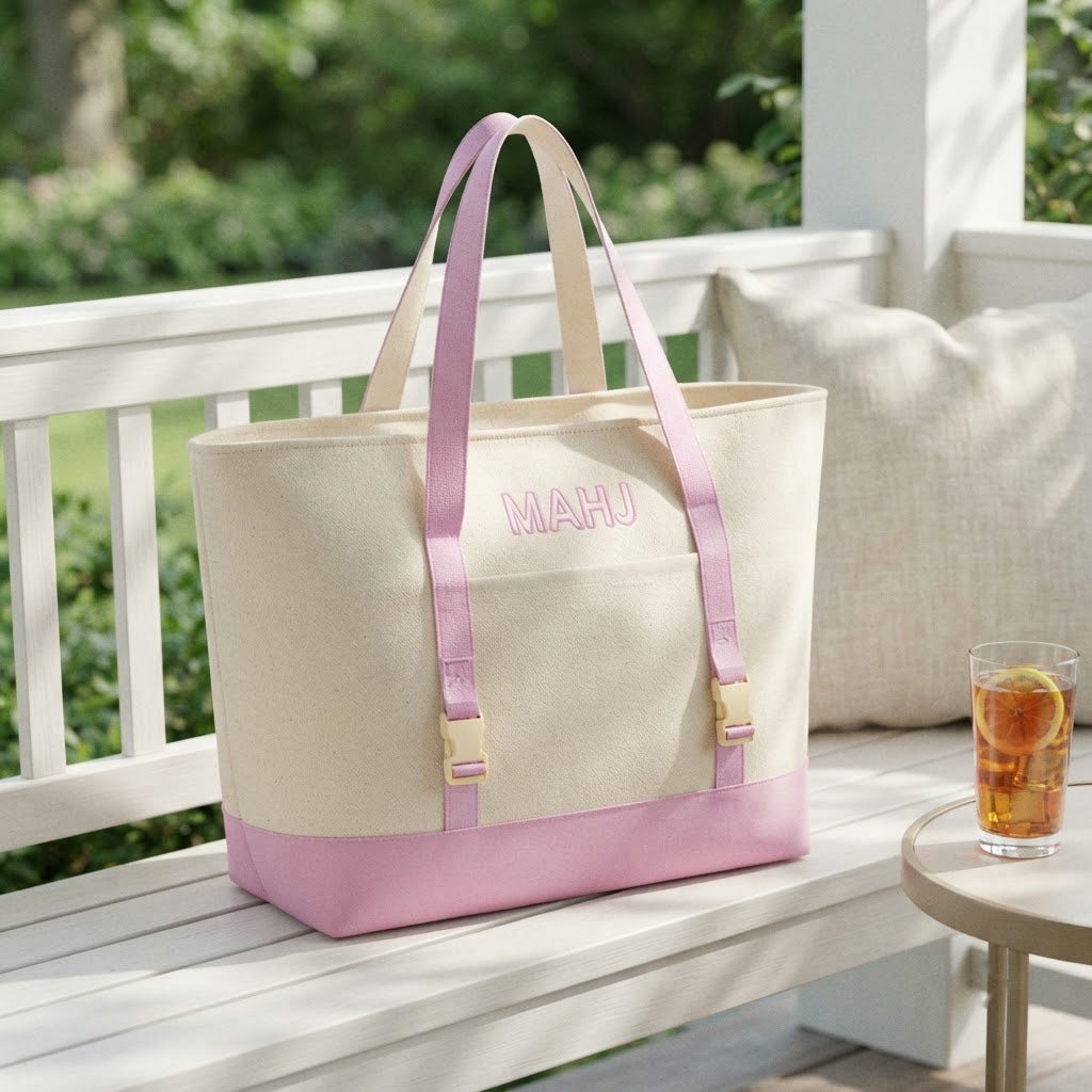 The canvas carryall of the Mahjong Day-Bag Set on a porch bench
