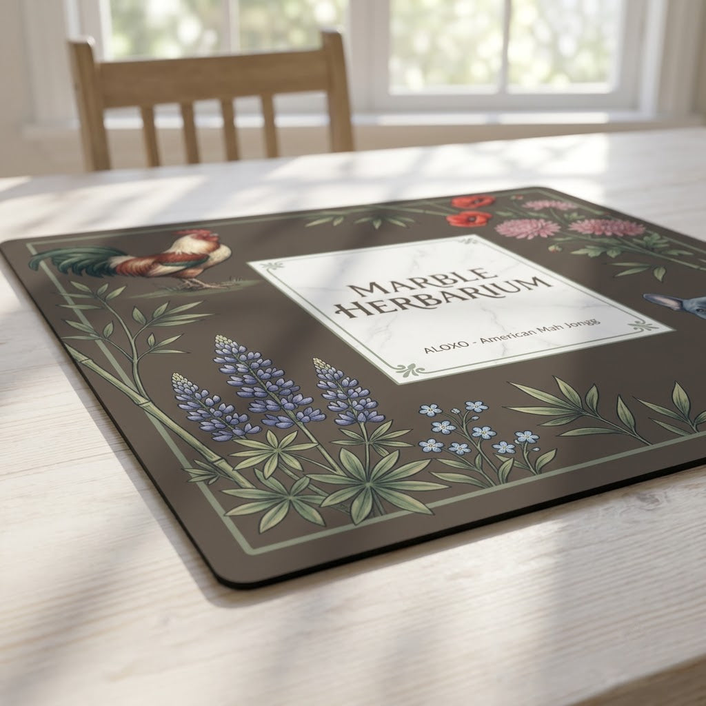 Low-angle view of the Marble Herbarium Garden mahjong mat lying flat on a table