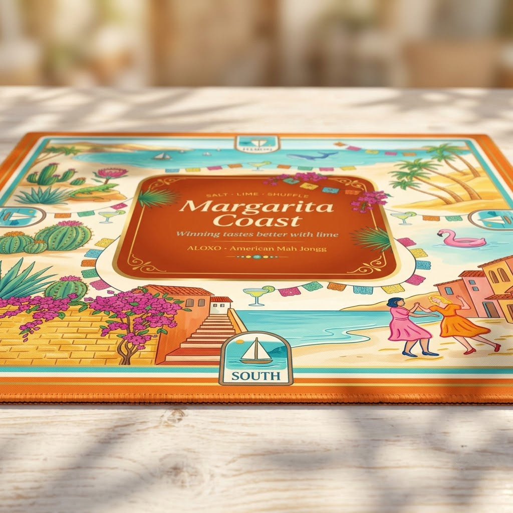 Margarita Fiesta mahjong mat lying flat on a table, seen from a low angle