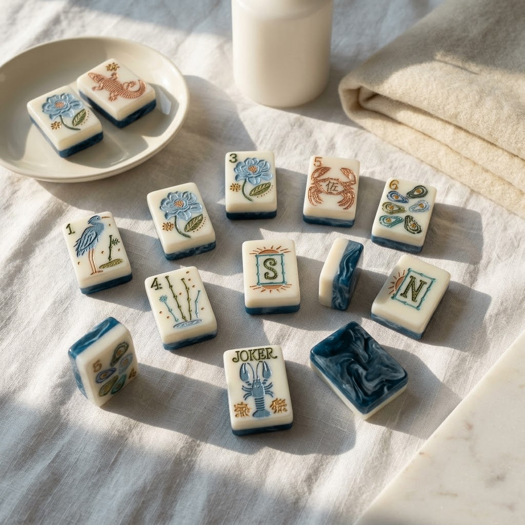 Tiles scattered on white linen