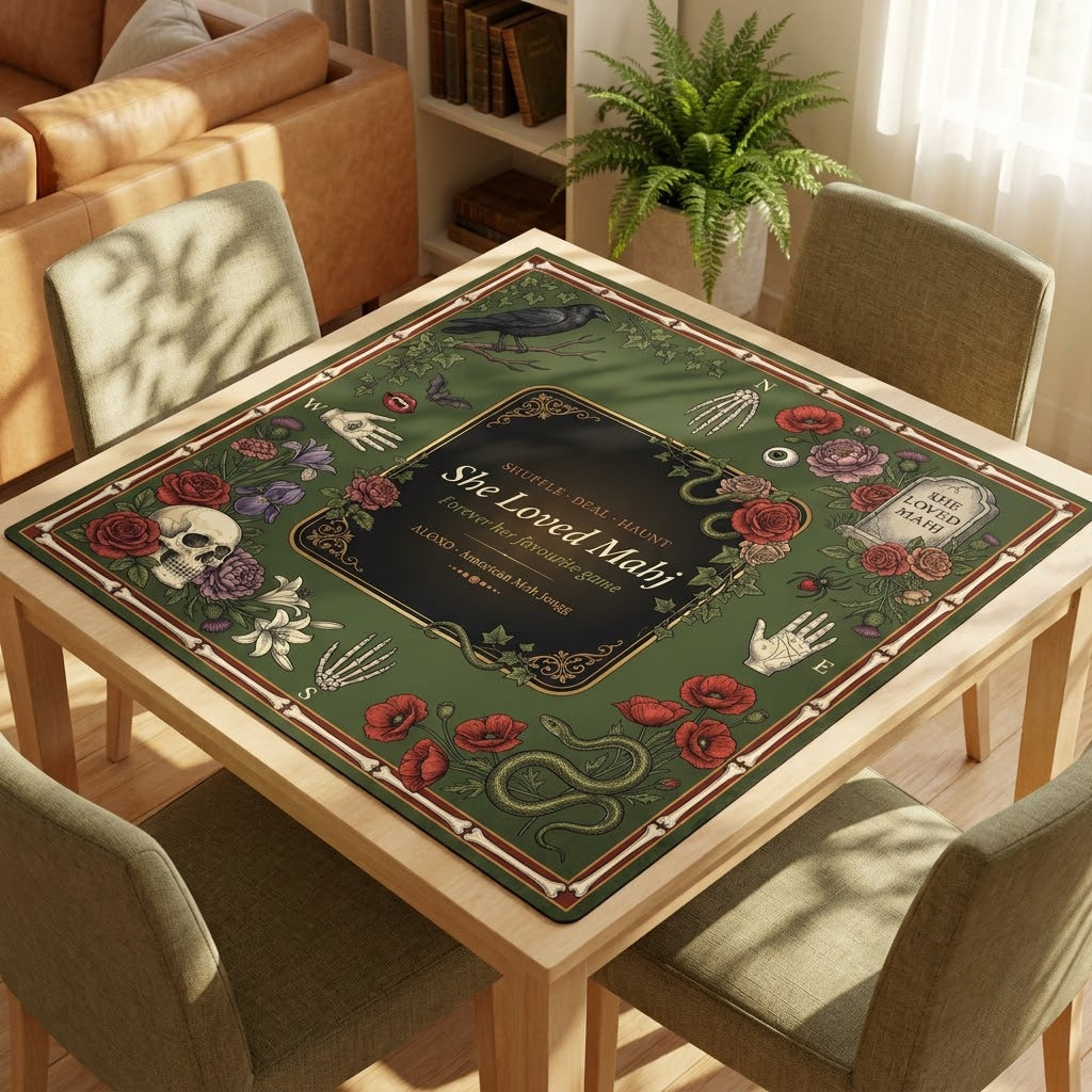 Raven & Rose Gothic mahjong mat on a square table with four chairs