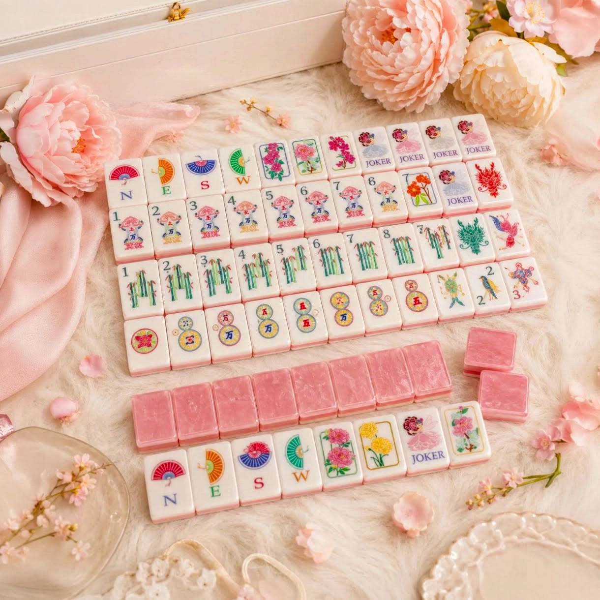 NEW 160-Piece Luxury Mahjong Tile Set, Glossy Shell Back Mahjong Tiles, Pink Floral Mahjong Set
