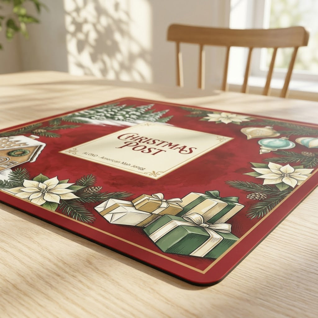Low-angle view of the Snowy Christmas Post mahjong mat lying flat on a table