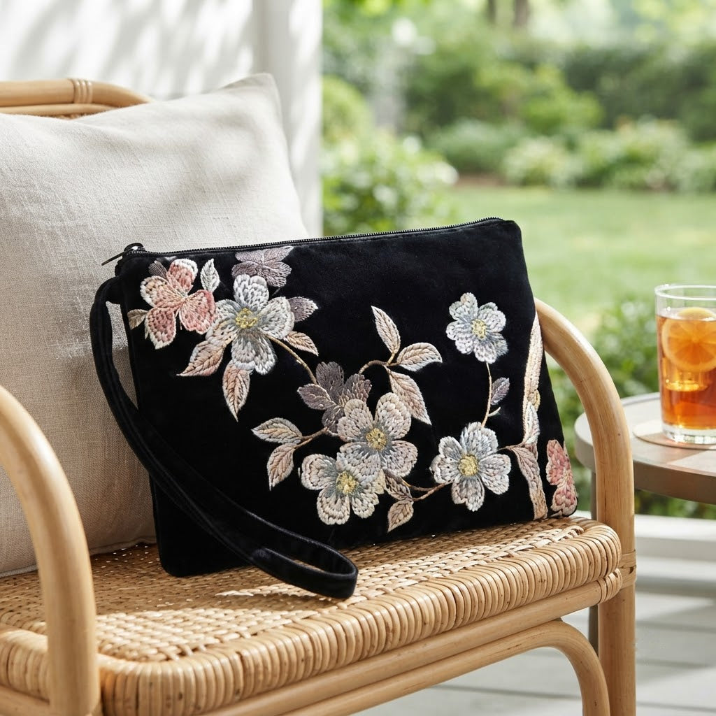 Black embroidered mahjong clutch on a rattan chair on the porch