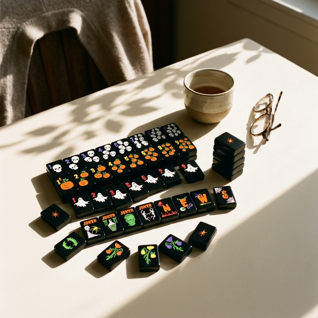 End of a game — tiles left on the table with reading glasses and tea