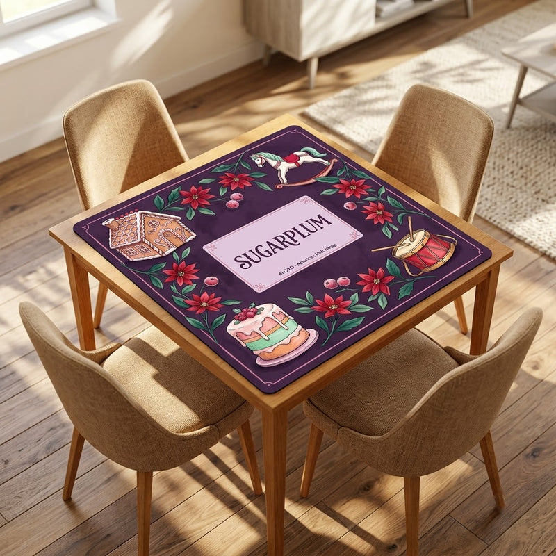 Sugarplum Sweet Shop mahjong mat on a card table with four chairs in a living room