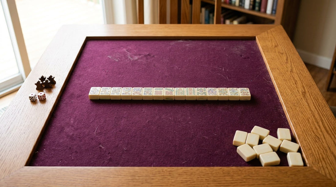 Fourteen mahjong tiles laid face up in one finished row across a plum felt mat