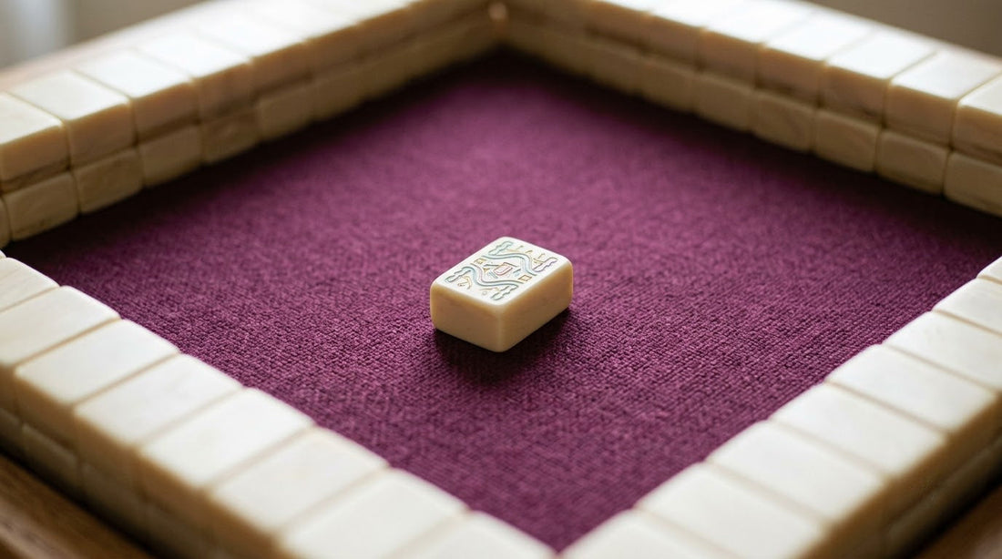 A single face-up mahjong tile alone in the middle of a plum felt mat