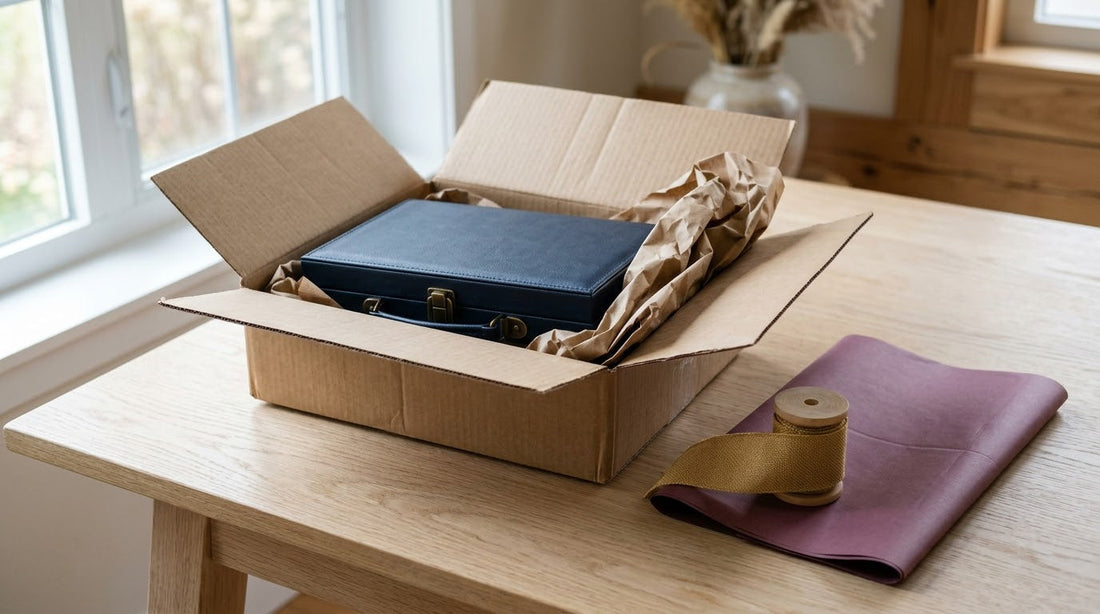 An opened shipping carton on a table with a mahjong case inside, ribbon and wrapping paper waiting beside it