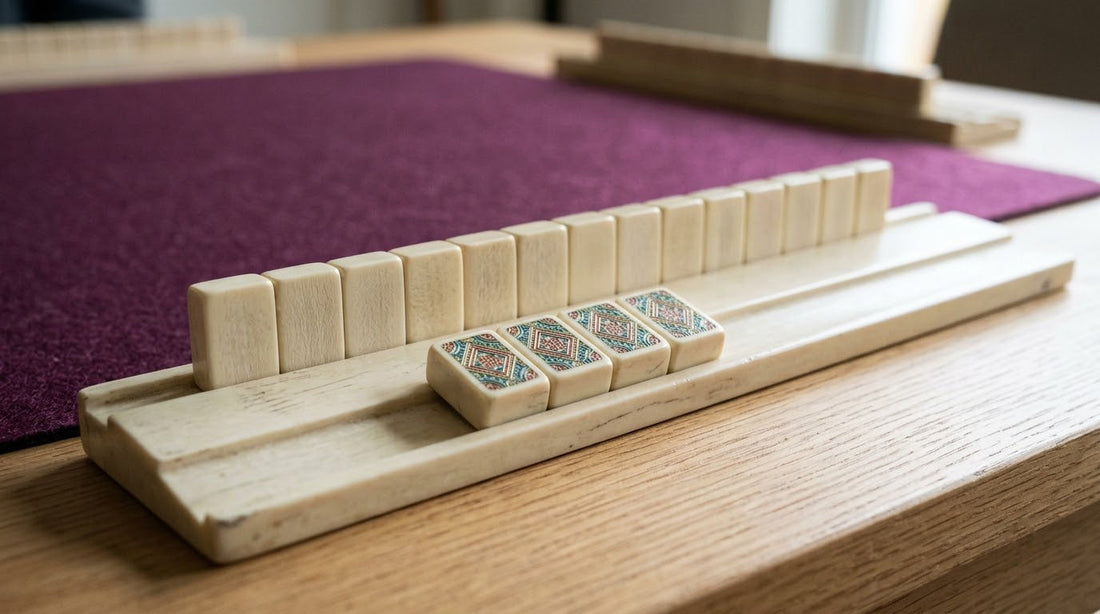 Three matching mahjong tiles lying face up along the top ledge of a rack