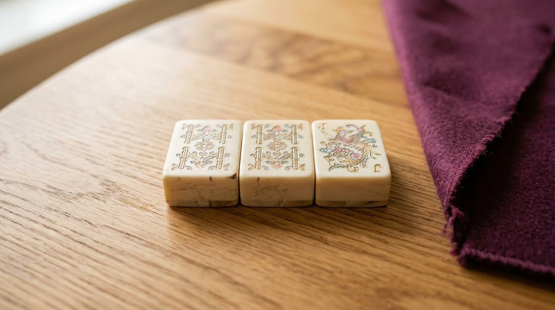 Three mahjong tiles face up on pale oak, two matching and one Joker