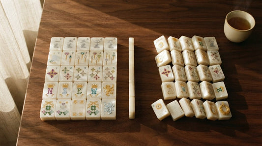 Four women in their sixties share a mahjong game at a sunlit sunroom table, tiles and racks across the mat