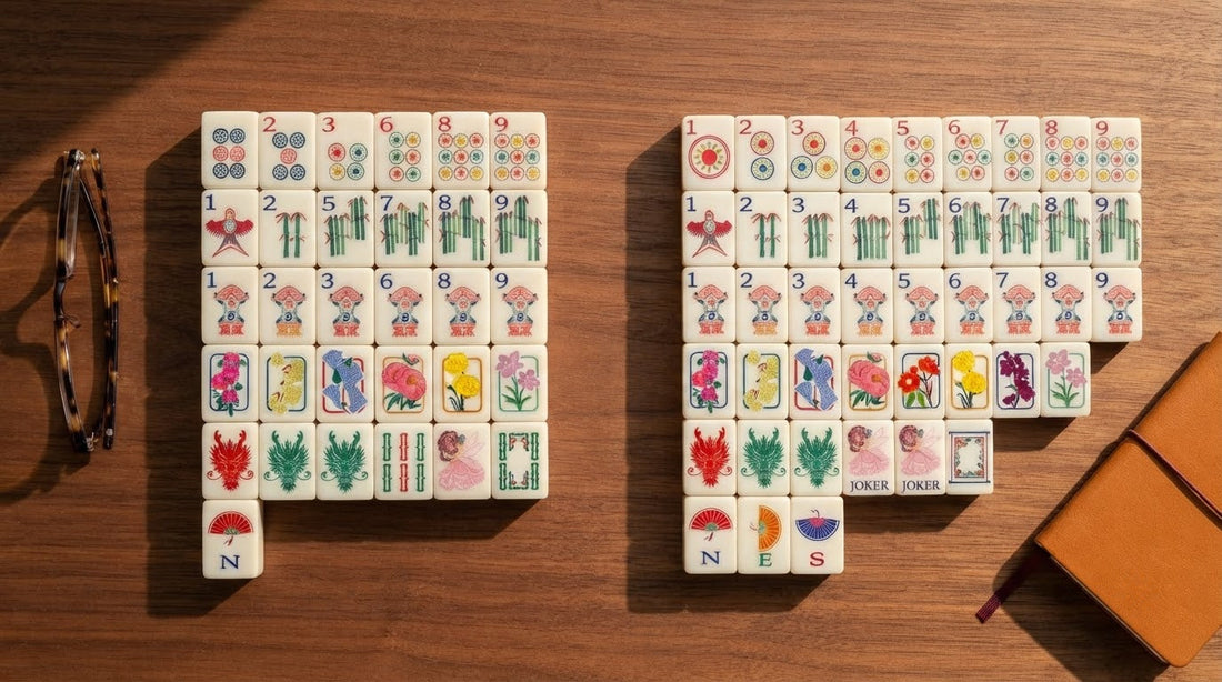 Four women in a library meeting room compare engraved and printed mahjong tiles across racks and a mat