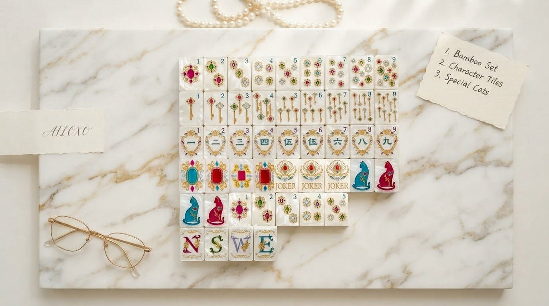 Four women play mahjong in a sunlit retirement lounge, tiles, racks and gemstone dice across the mat