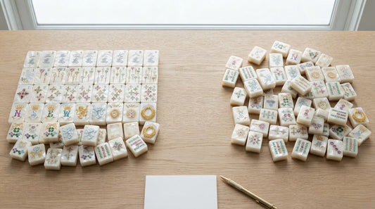 Four women count extra mahjong tiles at a senior center table, comparing two racks side by side