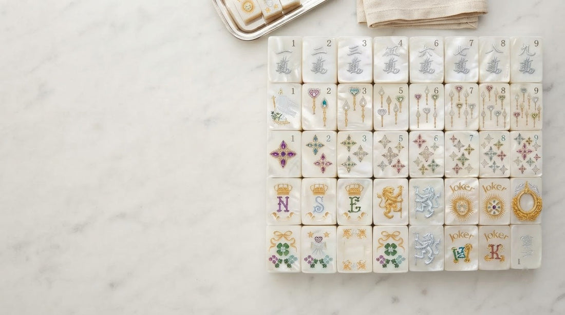 Four women compare a gleaming new mahjong tile with an older one in a bright apartment party room