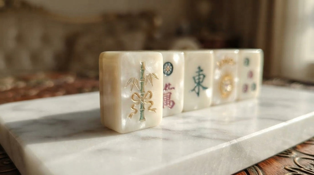 Four women at a community center feel the engraved grooves of mahjong tiles around a full table