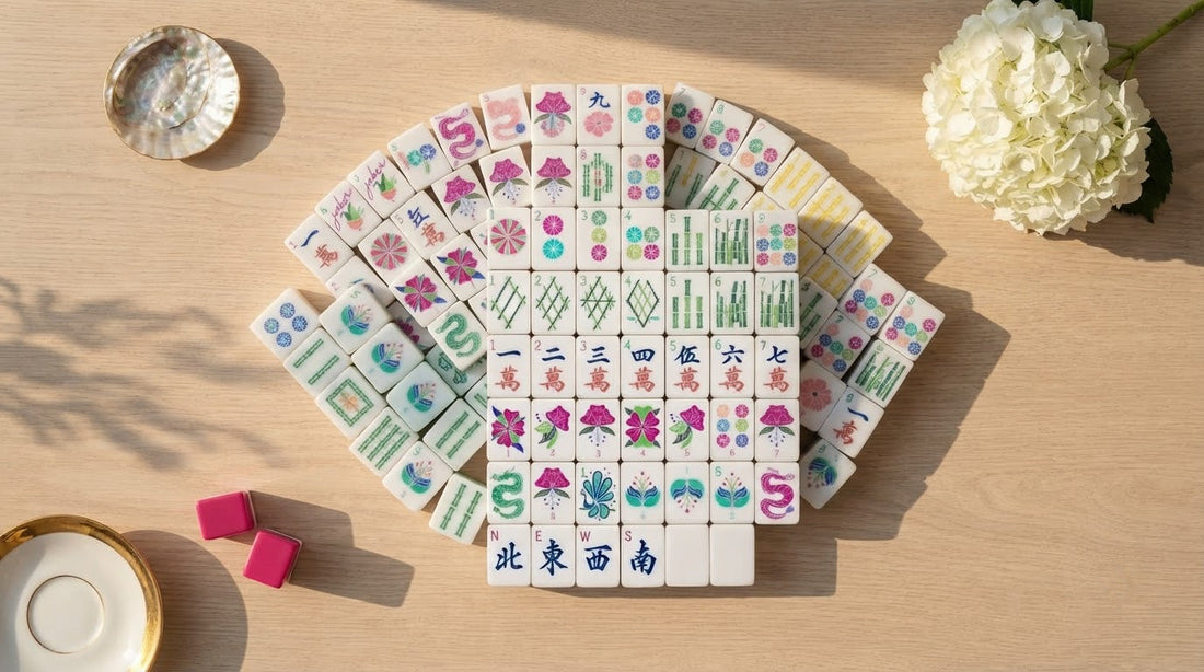 Four women admire a pearl-backed mahjong tile in a retirement lounge, racks and mat in view