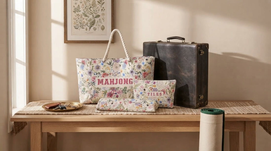 Four women on a winter porch compare a travel mahjong case with a full-size set on the table