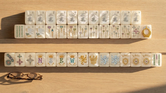 Four women build an American mahjong wall beside a smaller riichi-style set in a bright room