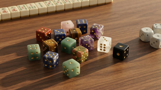 Gemstone dice rolling across the mat as four women play mahjong on a sunny club porch