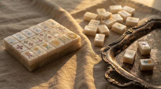An antique wooden mahjong case and a modern acrylic box compared by four women in an inn parlor
