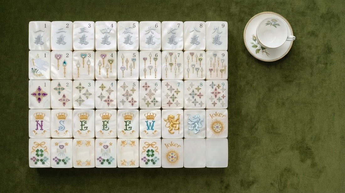 Acrylic and melamine mahjong tiles held up to the light by four women in a fern-filled sunroom
