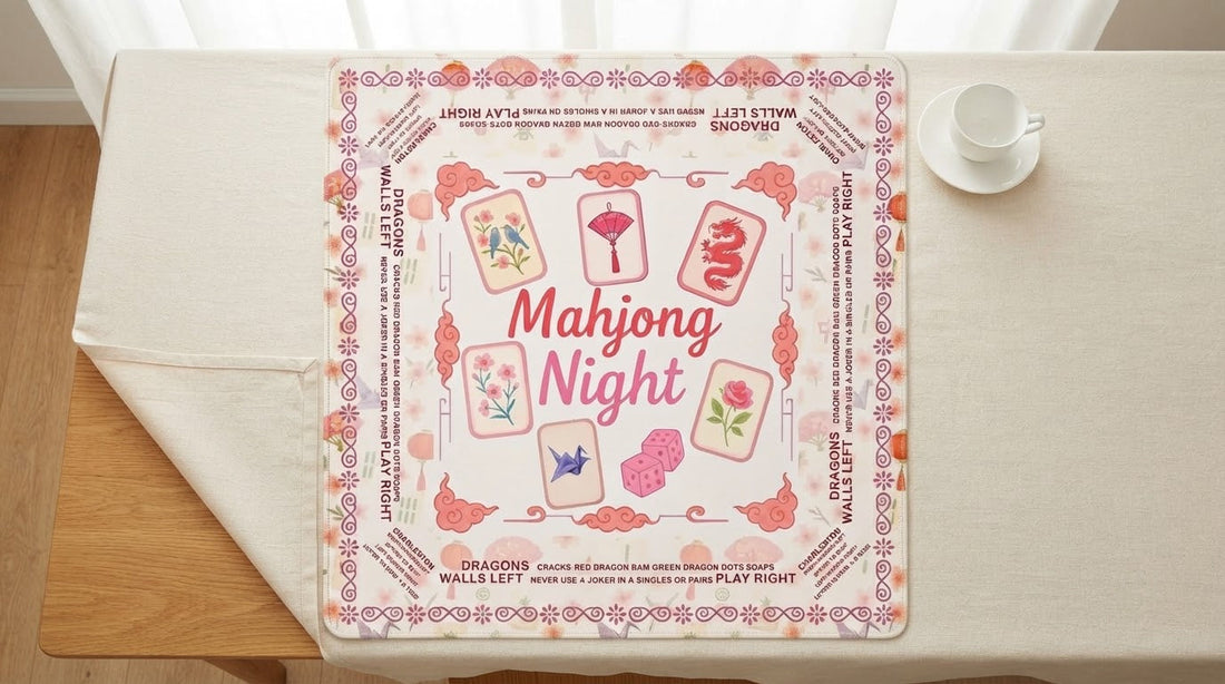 A thick non-slip mahjong mat unrolled over a folded tablecloth in a church fellowship hall