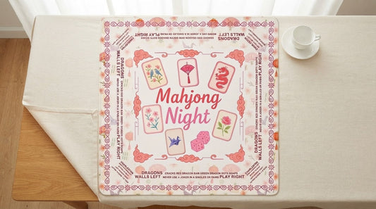 A thick non-slip mahjong mat unrolled over a folded tablecloth in a church fellowship hall