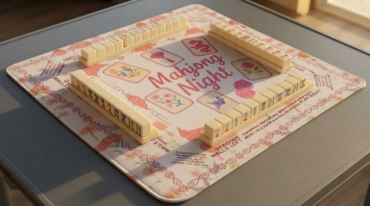 Four players smoothing a freshly unrolled mahjong mat beside an older creased folding mat