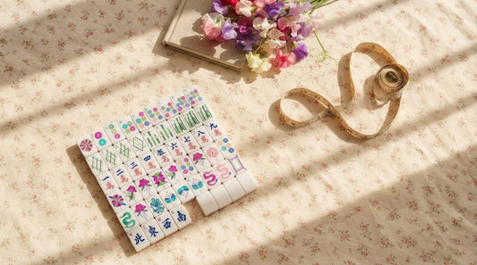 A large mahjong tile held beside a standard one at a table in a sunlit art studio loft