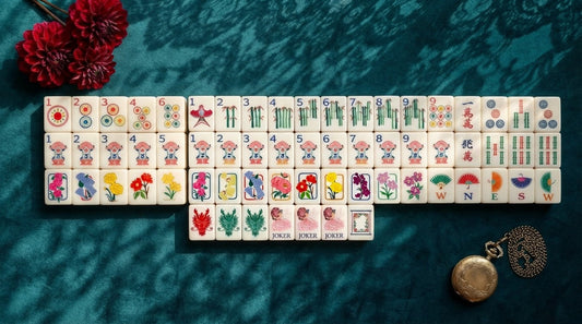 Two mahjong tiles weighed in the palm at a senior center table to compare their heft