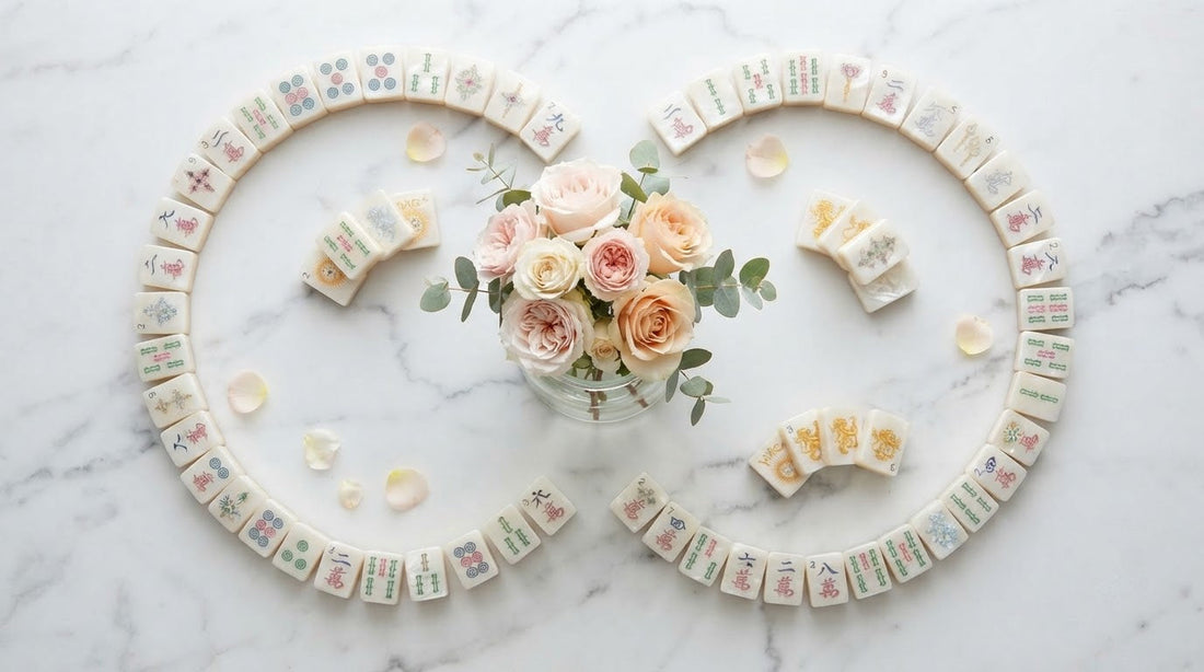 Pale floral mahjong tiles compared with a plain set at a botanical garden pavilion table