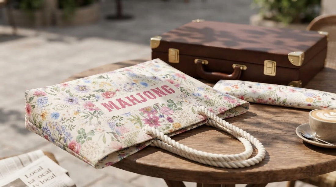 A soft canvas mahjong tote and a structured leather case compared in a hotel tournament room