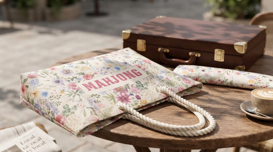 A soft canvas mahjong tote and a structured leather case compared in a hotel tournament room