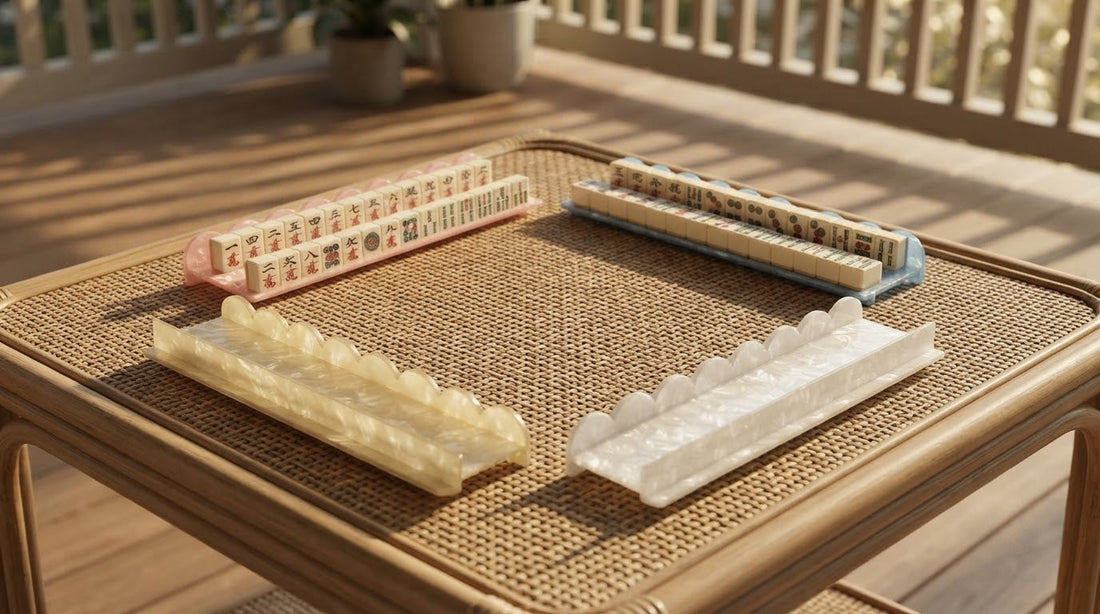 Racks with integrated pushers sliding across a mahjong table on a summer screened porch