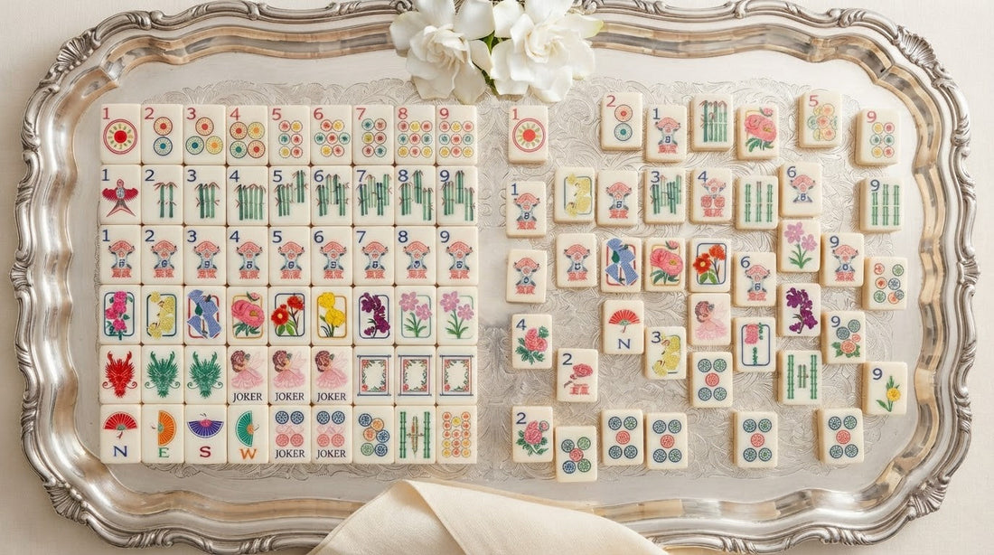 A glossy mahjong tile held beside a matte frosted one on a sunlit rooftop terrace table