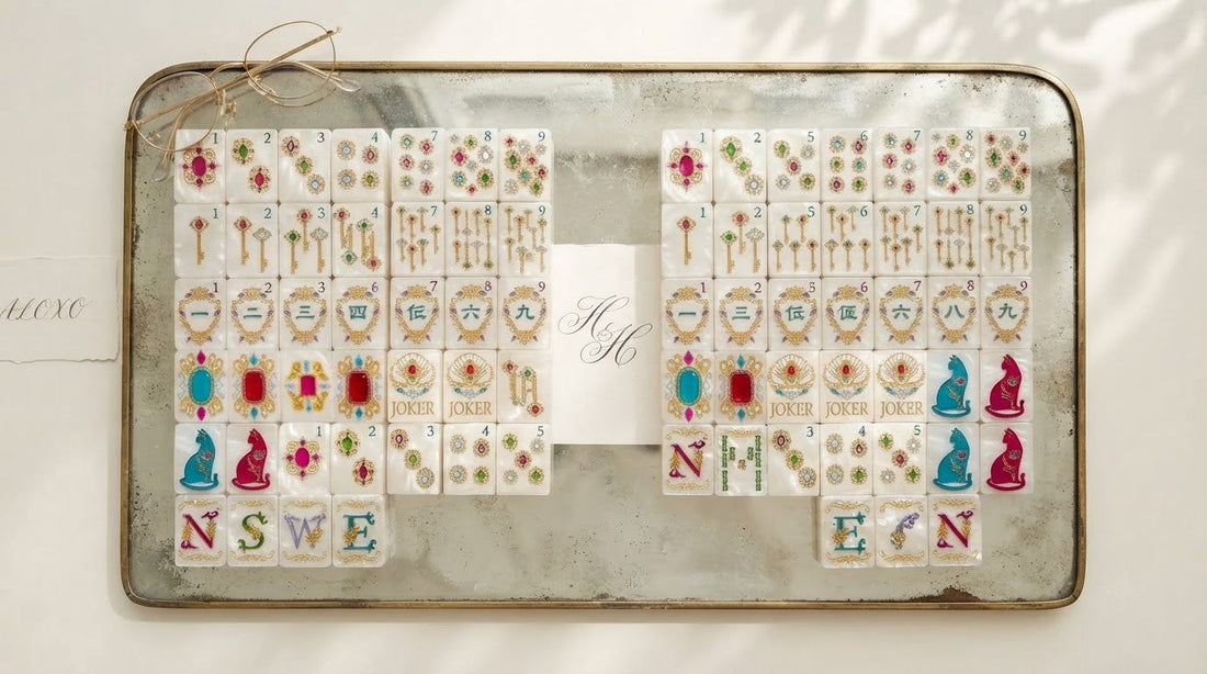 A personalized mahjong tile set unwrapped beside a plain retail box in a quiet tea room