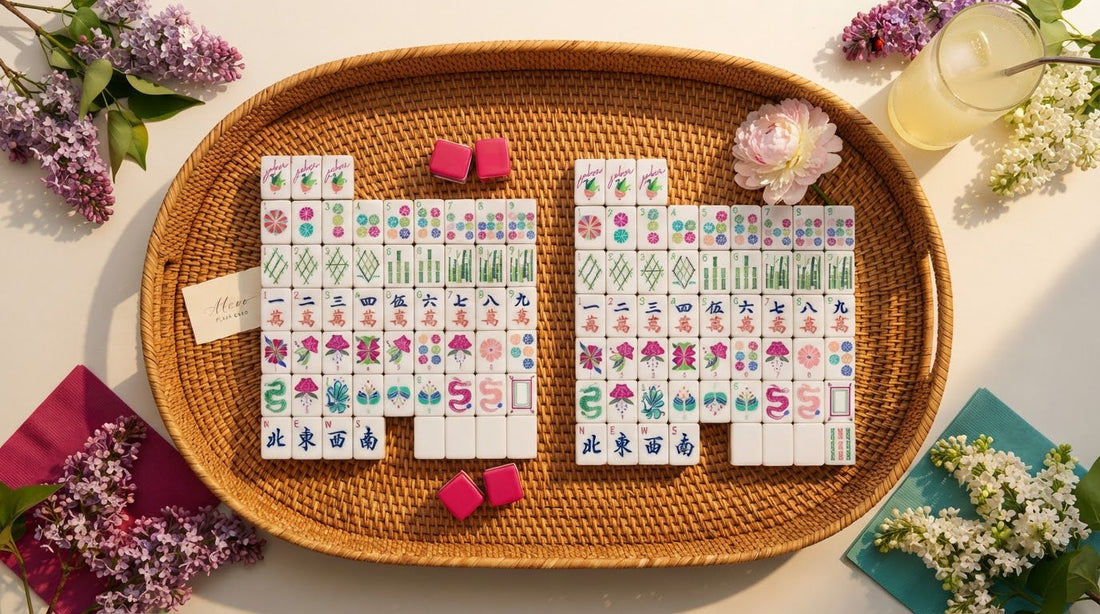 A soft pastel mahjong set placed next to a vibrant one in a snowy ski lodge great room