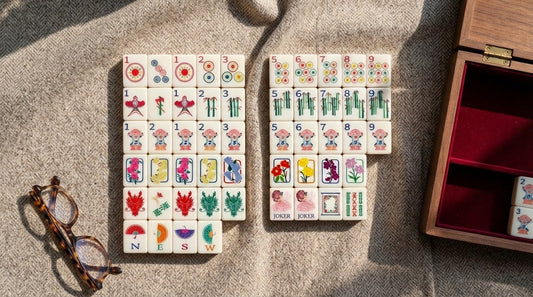 A gift-boxed mahjong set opened beside a plain starter box in a garden conservatory