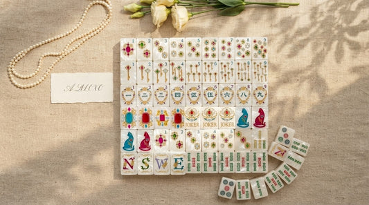 Four women in their sixties around a card table comparing two open mahjong sets by weight