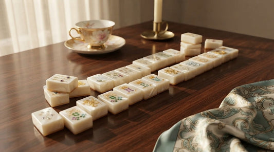 Four women settling in for a game night around a mahjong table in a sunlit plant-filled sunroom